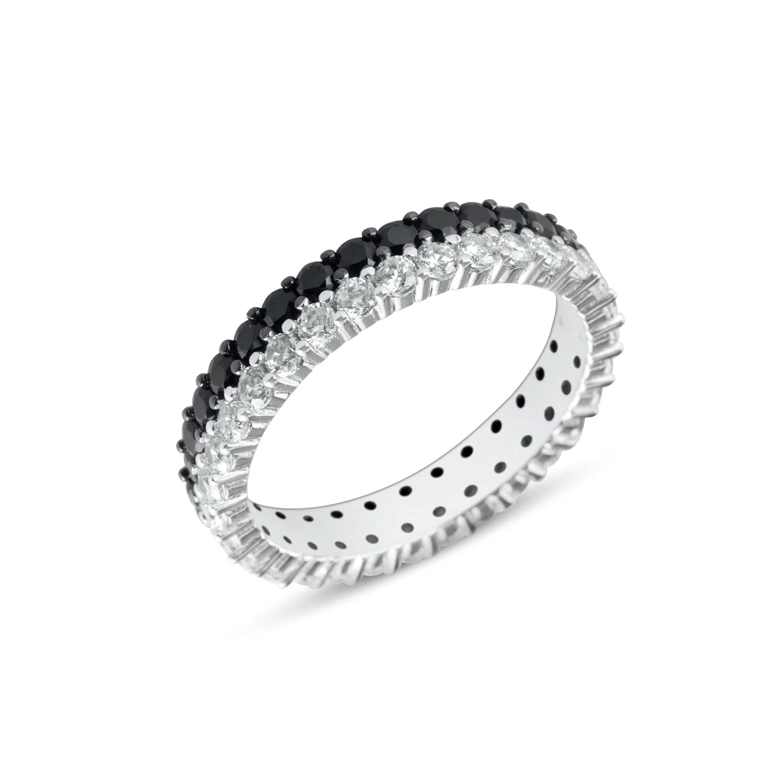 Anello veretta Bicolore Donna Anniversario Argento 925 con zirconi Bianchi e Neri -