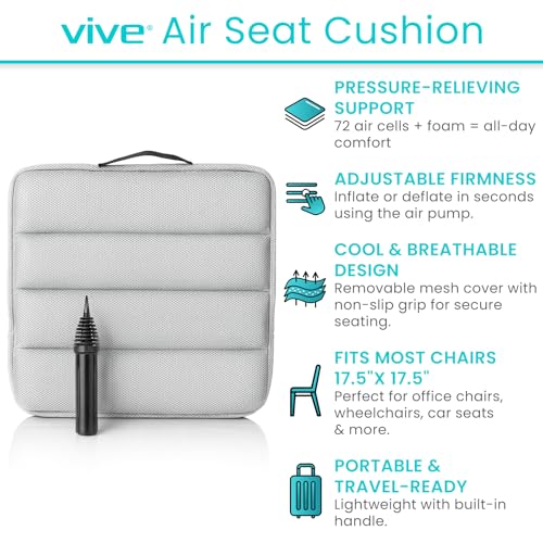 Vive Air Seat Cushion - Pressure Relief Back Support Pad for Tailbone, Sciatica, Coccyx Pain - Orthopedic Seating for Car, Office Chair, Wheelchair, Travel - Portable and Inflatable - Soft or Firm