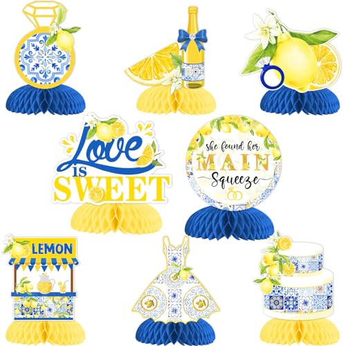 Centre de table mariage et fiançailles thème citron bleu avec nid d'abeille en papier