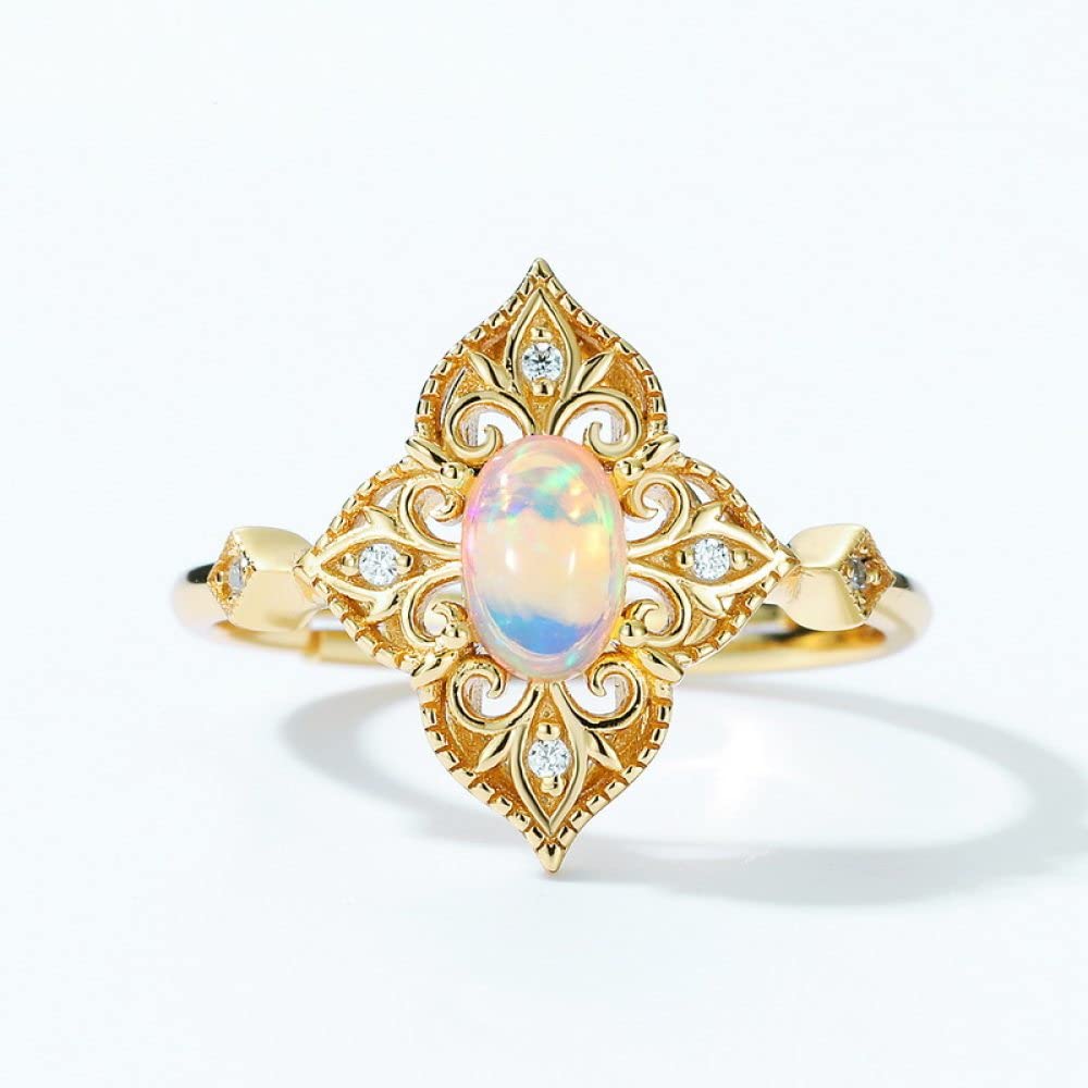 Anello In Argento Sterling 925,Anelli Rotondi Regolabili Per Donna Opale Ovale Argento Sterling 925 Zircone Floreale Retrò Placcato Oro 7 Chakra Fedi Nuziali Promettono Anelli Per Ragazze Signore