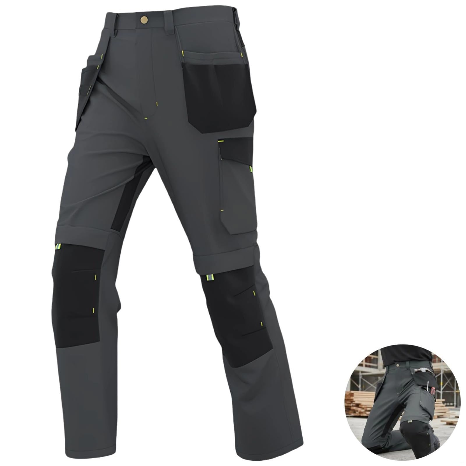 Pantaloni da lavoro cargo da uomo, vita elastica, ginocchia rinforzate, multi tasca, pantaloni da lavoro grigi