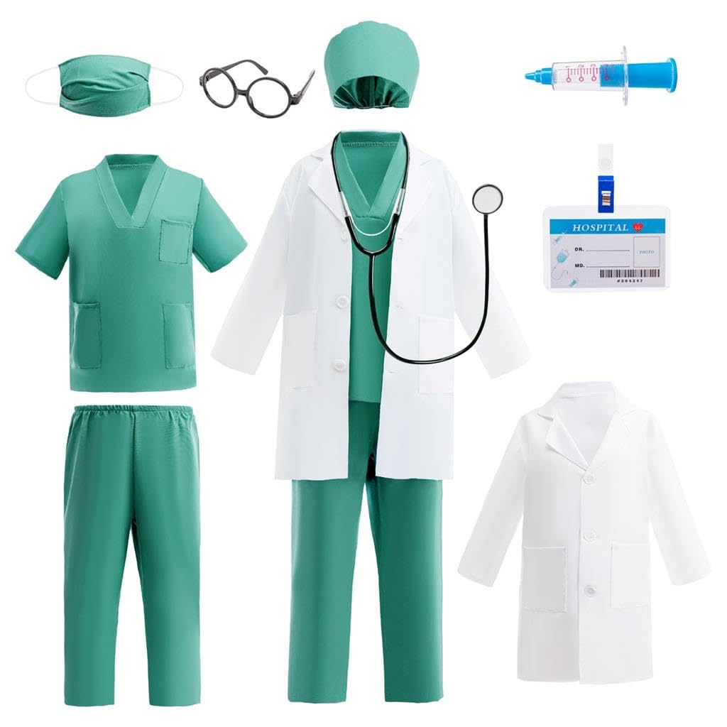 Lito Angels Kids Doctor Costume Set including Lab Coat Scrubs Cap Mask Medical Accessories for Boys Girls Career Day Role Play Halloween Cosplay