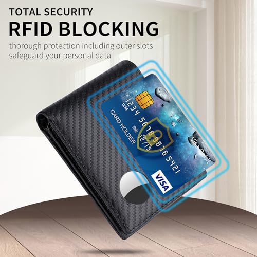 Image of Swallowmall AirTag Wallet Mens RFID Blocking Genuine Leather Bifold Men's Wallet For air tag with 1 ID Window 13 Card Holders BlackStripe(Airtag Not included)