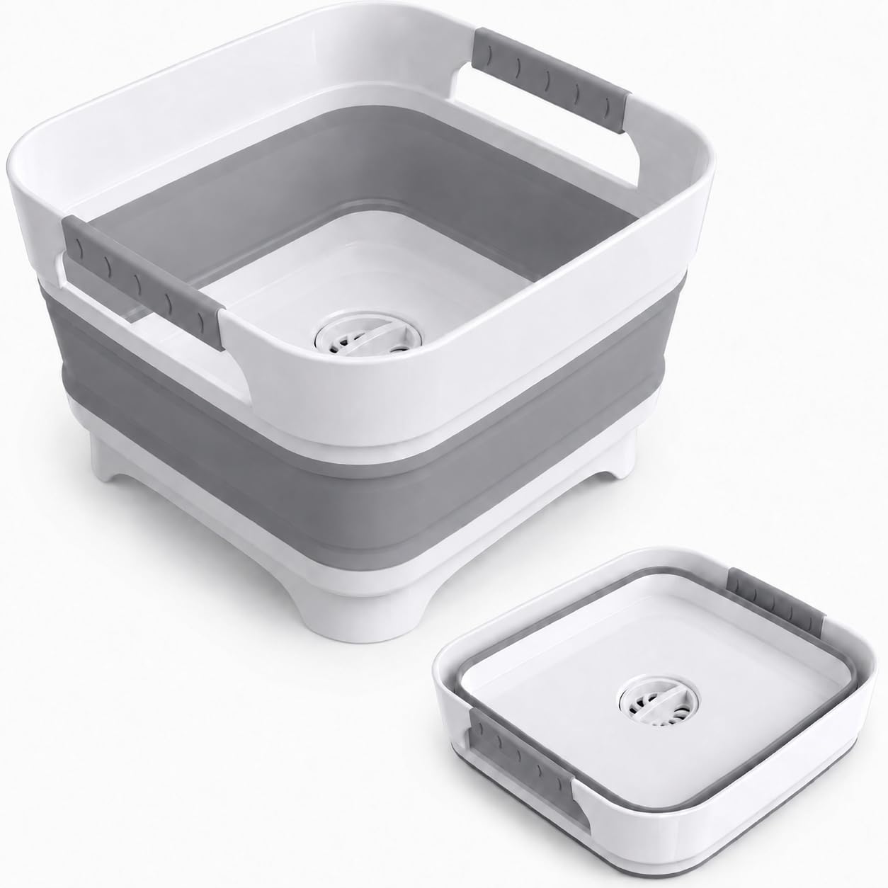 Goderewild 2024 Upgraded 2.4 Gal (9L) Collapsible Dish Basin with Drain Plug, Space Saving Multiuse Foldable Sink Tub, Dishpan, Beverage Tubs for Camping, Vegetable Washing, RV (Grey)