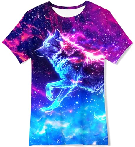 Image of Kids4ever Boys Girls T-Shirts 3D Printed T Shirt Summer Crewneck Short Sleeve Galaxy Wolf Tee Shirt for Kids 6-8 Years