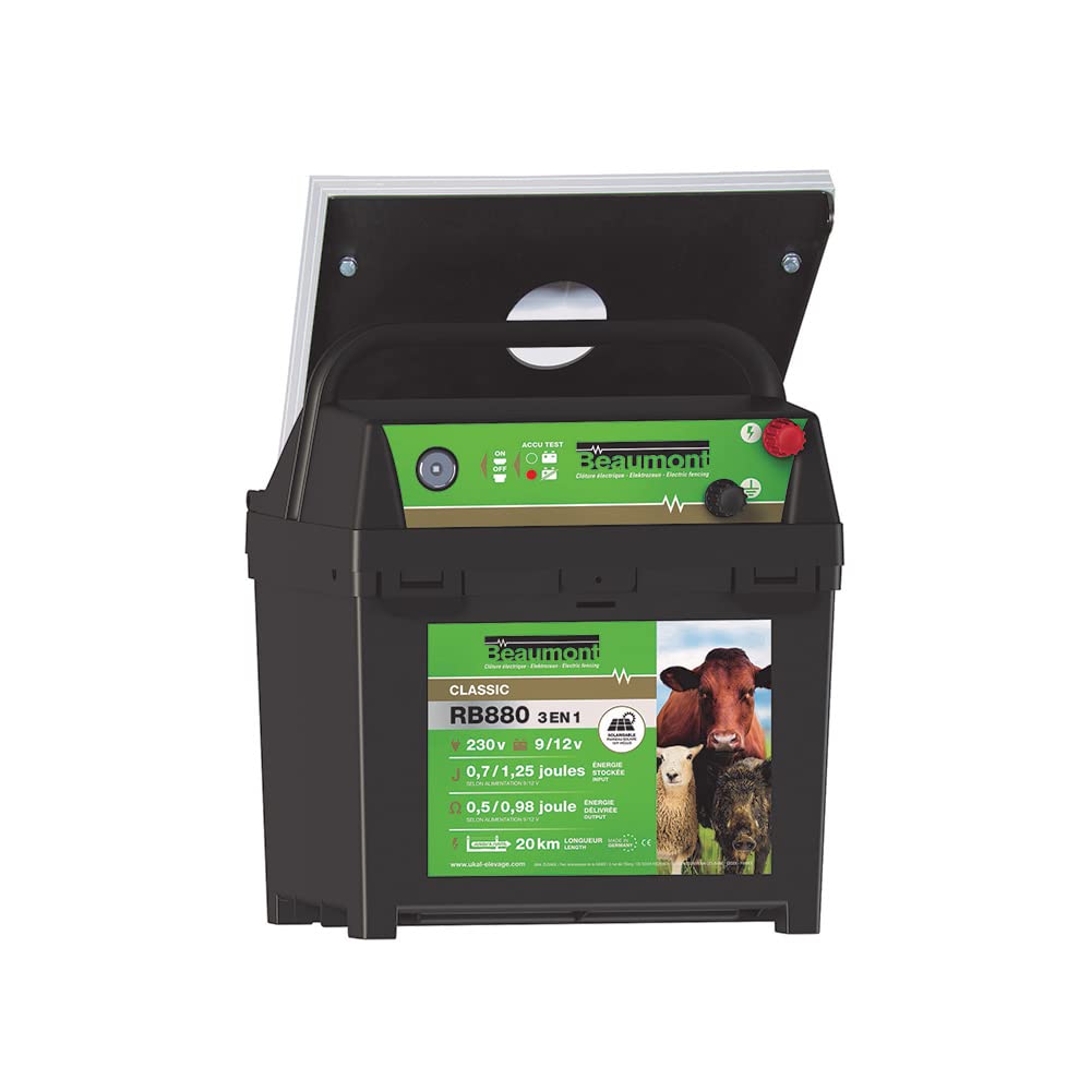 Beaumont - Électrificateur Mixte de Clôture RB880 à Panneau Solaire + Batterie 12V 75Ah - Poste 4 en 1, Alimentation Secteur, Batterie ou Pile - Facilement Transportable - Garde Tous Types d'Animaux