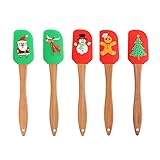Christmas Spatula Set, 5 Pcs Kitchen Christmas Silicone Spatula Set with Wooden Handle for Baking and Cooking, Christmas (Assorted)