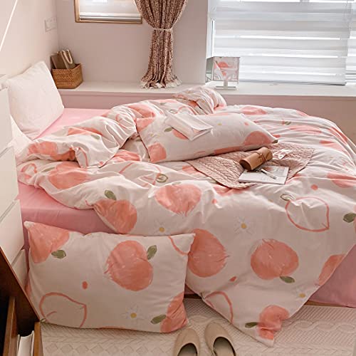 Liwhenhao Peach 100% Cotton Duvet Cover Set Twin Cartoon Peaches Apple Tropical Fruit Pink Bedding 1 Peach Pattern Print Comforter Cover 2 Pillowcases For Kids Girls Boys Teens #TOP2