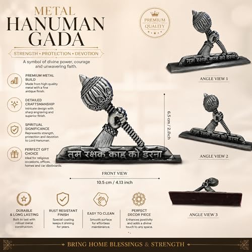 Image of Hanuman Gada Idol for Car Dashboard (Height - 5.5cm)| Bajrangbali /Anjaneya with inchTum Rakshak Kahu Ko Darna inch Quote | Gold Plated Vastu Protection Showpiece & Spiritual Gift (Antique Silv)