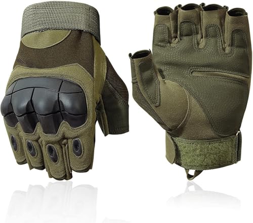 Image of UCRAVO Motorcycle Riding Gloves for Men with Rubber Knuckle Protection Tactical Half Finger Anti-Slip Bike Gloves for Motorbike Riding, Cycling,Scooter,Touring,Racing,Off-Road & Summer Riding | Nylon