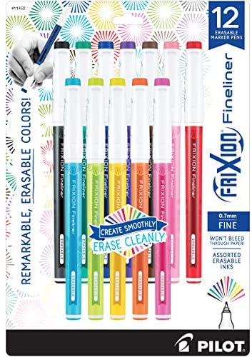 PILOT Pen 11452 FriXion Fineliner Erasable Marker Pens, Fine Point, Assorted Color Inks, 12 Count-Pack