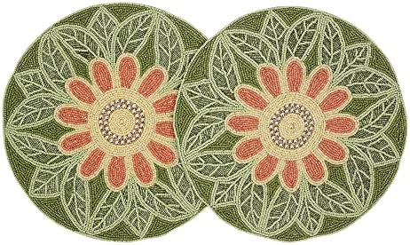 Homebia Designs Handmade Beaded Placemat Charger, 13 Inch Round, Set of 2, Beautiful Decorative Dining Table Placemat for Your Dinner Table Décor - Green Orange Multi