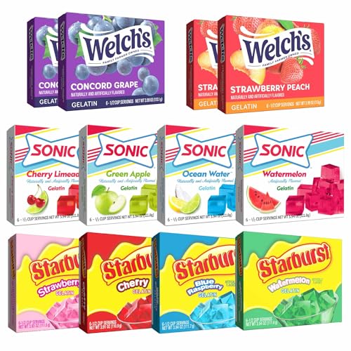 Jel Sert Gelatin Dessert Mix Variety Pack – 12 Flavored Gelatin Boxes Featuring Welch’s, Sonic...