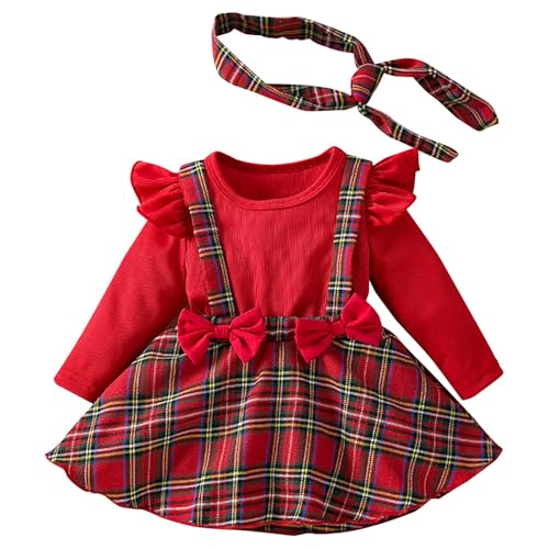 Vestidos Navidad Niña 12 Años - de Bebé Niña Mono de Manga Larga Vestido con Lazo Y Estampado A Cuadros Mono de Dos Piezas para Sesión de Fotos de Recién Nacida (Watermelon Red 6-9 Months)