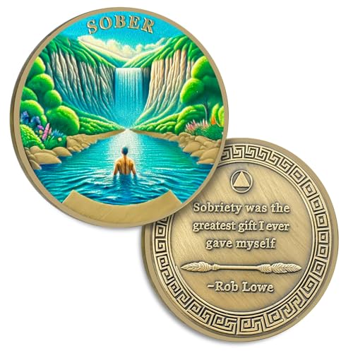 Fjord Waterfall Sobriety Coin, Meditator Under the Waterfall AA Medallion - Bronze Affirmation Coin with Token Capsule, Inspirational Sobriety Gifts for Men and Women