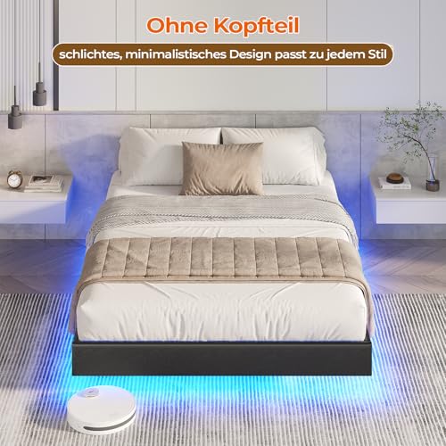 DICTAC Bett 140x200 mit Verstellbarer Beleuchtung,Bettgestell 140x200 mit weicher Polsterung, Floating Bed Frame, Gepolstertes Jugendbett für Schlafzimmer, Gästezimmer, Leichte Montage, Schwarz