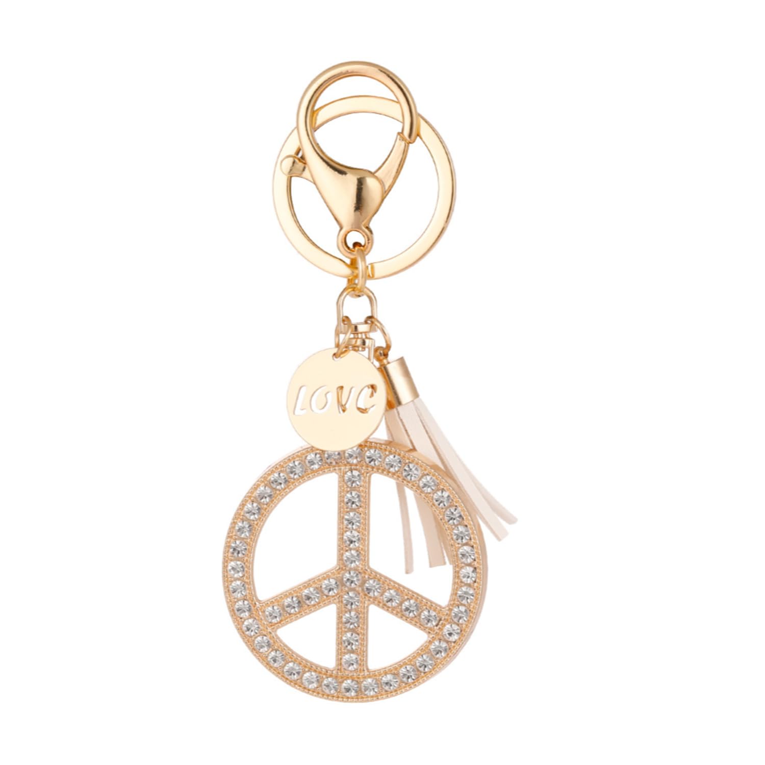 Zdhc Unisex Gold Bling Crystal Peace Sign Keychain Rhinestone Tassel Keyring Purse Charm Car Keys Bag Pendant Accessories