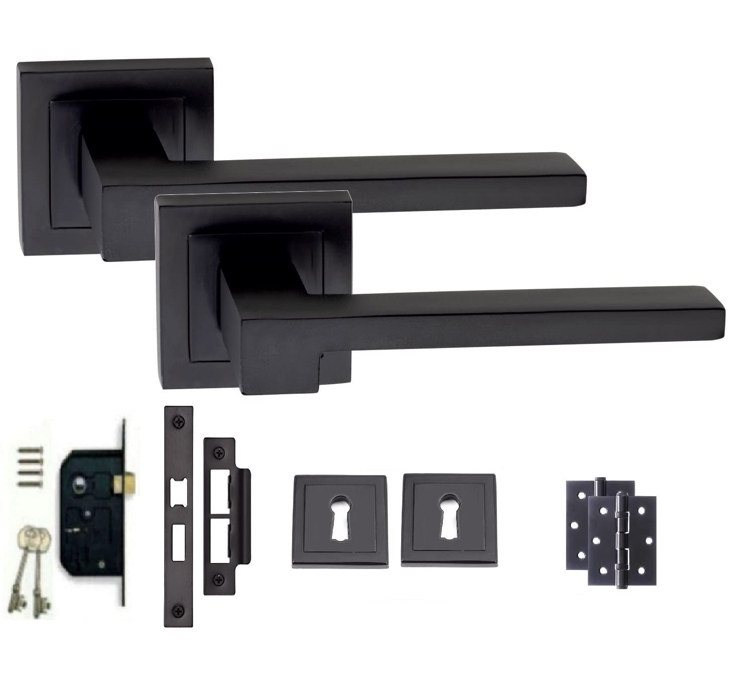 Golden Grace Zeta Door Handle Set - Matt Black - Modern Square Rose Design - Includes Latch, Hinges & Fittings