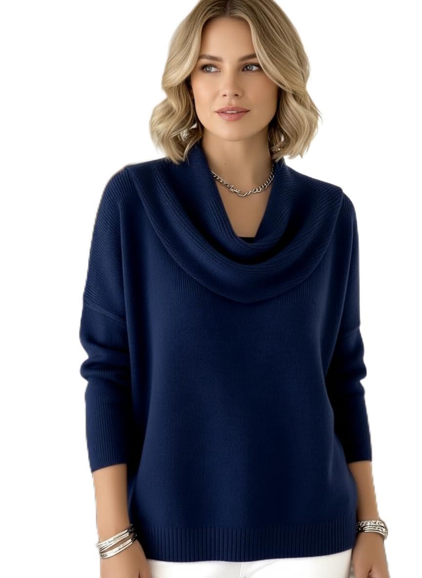 Womens Cowl Neck Long Sleeve Sweaters Soft Polyester Knit Loose Fit Pullover Tops for Casual Work and Holiday