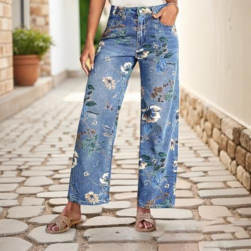Wide Leg Jeans Woman Floral Trendy Baggy Mid Rise Jeans Summer Casual Printed Denim Pants Vintage Flower Pants2