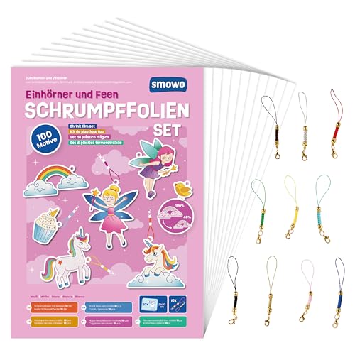 Smowo® 10 Schrumpffolien mit Einhorn Motiven & Schlüsselanhängern -...