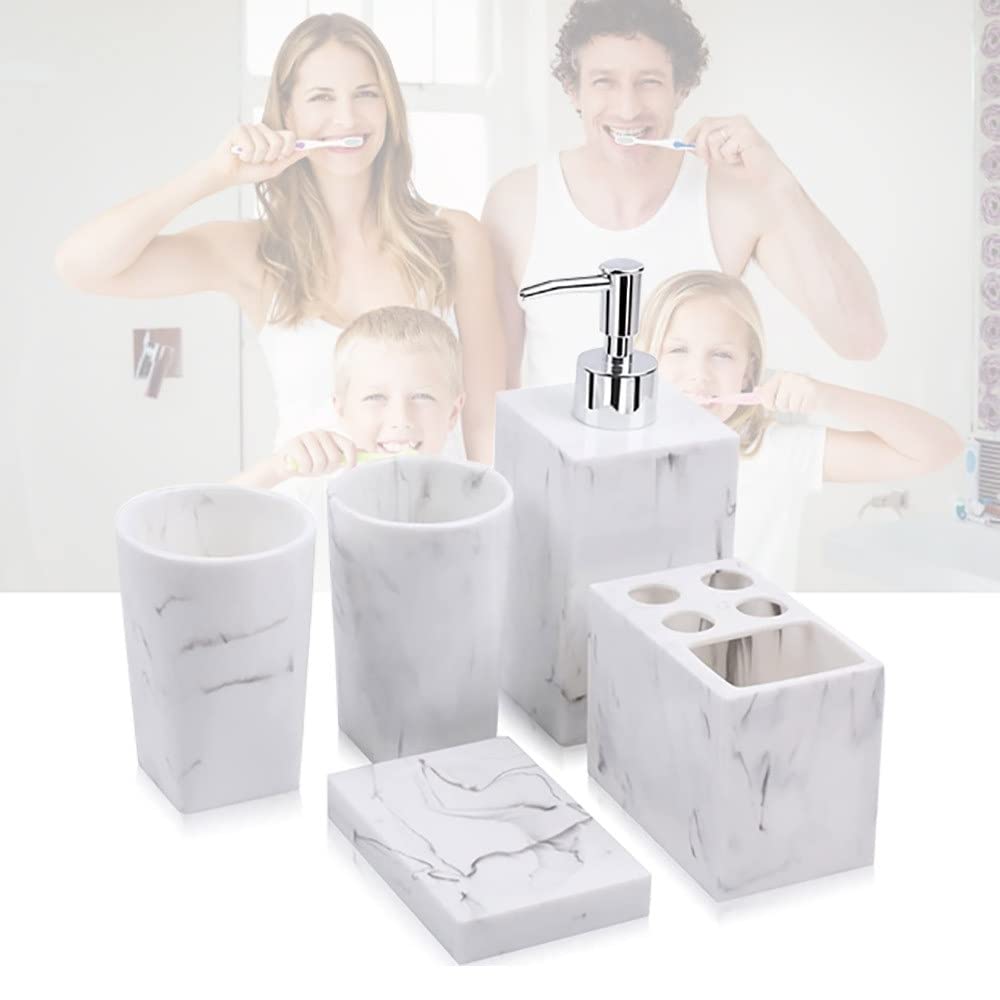 DSMYYXGS Juego de Accesorios for Baño 5 Piezas Colección Marble Pattern Accesorios Conjunto - Porta Cepillos de Dientes, Jabonera, Dispensador de Jabón, Vaso for Enjuague Bucal