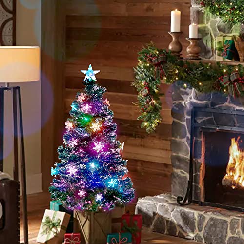 Juegoal 3 Ft Pre-Lit Artificial Mini Christmas Tree, Lighted Optical Fiber Tabletop Xmas Trees With Rgb Color Changing Led Lights, Snowflakes & Top Star, Festive Party Holiday Fake Multicolored Tree #TOP1