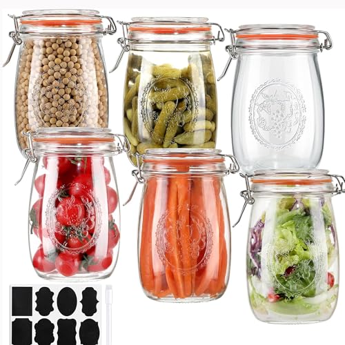 Image of 32oz Wide Mouth Glass Jars 4 Pack with Airtight Hinged Lids, Large Clear Kitchen Canisters with Measurement Marks & Decorative Fruit Design for Flour, Coffee, Beans, and Canning (6pack-32oz)