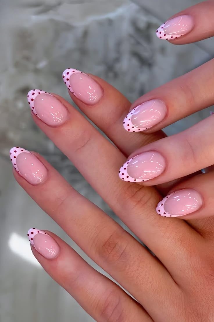 French Tip Press-On Nails, Almond Shape with Polka Dot Design | White Tips, Red Dot Accent, Glossy Finish, Medium Length, Reusable-image-22