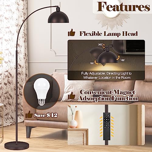 Bronze Arch Floor Lamps for Living Room Dimmable - Upgraded 9W LED Arc Lamp with 4 Color Temperatures, Remote Control Rustic Arched Floor Lamp, Reading Standing Lamp for Bedroom (Bulb Included) Brown