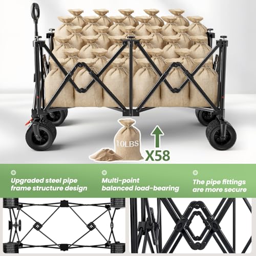 Image of Beach Wagon Carts Foldable 580LBS Collapsible Wagon with Big All-Terrain Wheels for Sand 340L Heavy Duty Utility Carts with Cup Holders for Garden, Camping, Grocery, Black