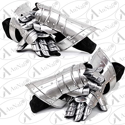 Image of AnNafi Medieval Iron Gorget Spaulders Arm Shoulder + Handcrafted Leather Gauntlet Gloves Steel Armor and Leather Hand Protective Gloves Set, Adult Cosplay Outfits LARP Renaissance Accessories