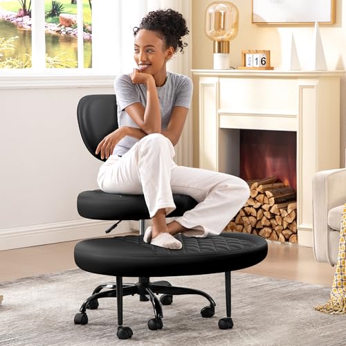 Ergonomic Cross Legged Office Chair with Wheels - Adjustable Height for Meditation, ADHD Desk & Yoga - Wide Criss Cross Design with Lumbar Support, Kn