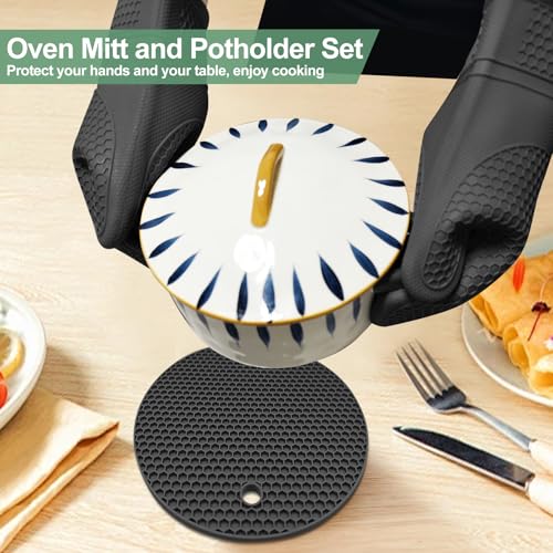 Monbalcon 3PCS Silicone Oven Mitts and Pot Holders Sets for Kitchen, Oven Gloves Heat Resistant 500°F, Non-Slip Silicone Potholder 7.1”, Thick Oven Mitts & Thick Hot Pads Protection for Cooking, Black by Monbalcon - Image 5