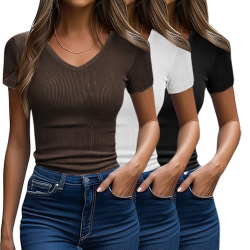 DATAMOUNT Womens Short Sleeve Tops V Neck Ribbed Cotton Blouse