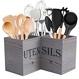 Suli Extra Large Kitchen Utensils Holder with 3 Compartments,Corner Shelf,Wooden Utensil Organizer for Kitchen Countertop, Farmhouse Decor, Rustic Cooking Utensil - Grey grain
