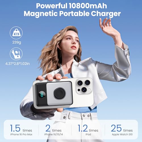 Image of 6 in 1 Magnetic Portable Charger for iPhone with Built-in Cables, 10800mAh 25W PD Fast Charging Power Bank, 6 Outputs Travel Essential Battery Pack for iPhone 17 /16 /15 /14 /13 /12 Series,Apple Watch