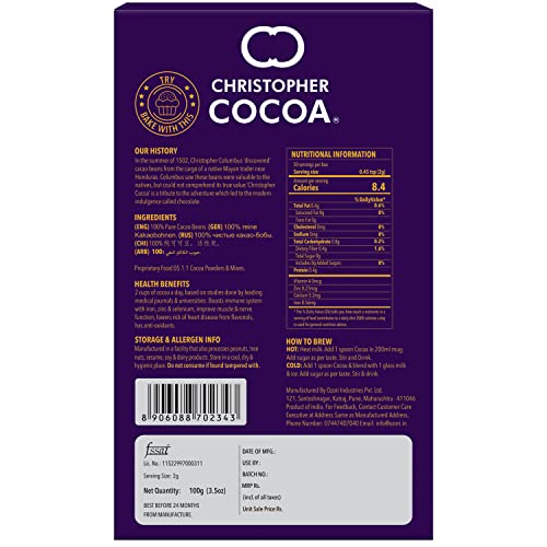 Image of Christopher Cocoa, Drinking Chocolate Cocoa Powder, Dark No Sugar, 100g (Pack of 3)