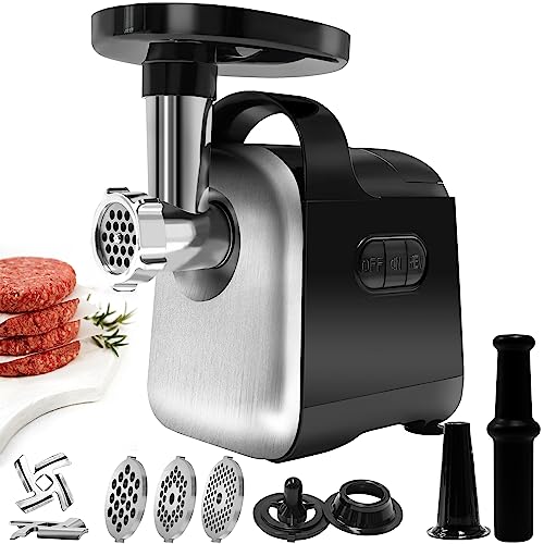 Picadora de Carne Eléctrica 1200W, 4-IN-1 Salchicha y Máquina Picadora de Carne Profesional con 3 Placas Molienda de Acero Inoxidable, 3 Cuchillas y Kit Kubbe, Certificado CE, Motor Cobre