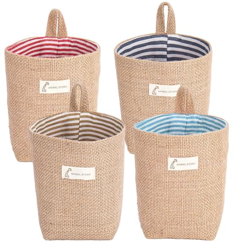 Pasdrucn 4 cestas de almacenamiento de algodón, bolsas de almacenamiento retro para colgar, de lino, plegables, pequeñas cestas para habitación de los niños, dormitorio, salón (estilo 1)