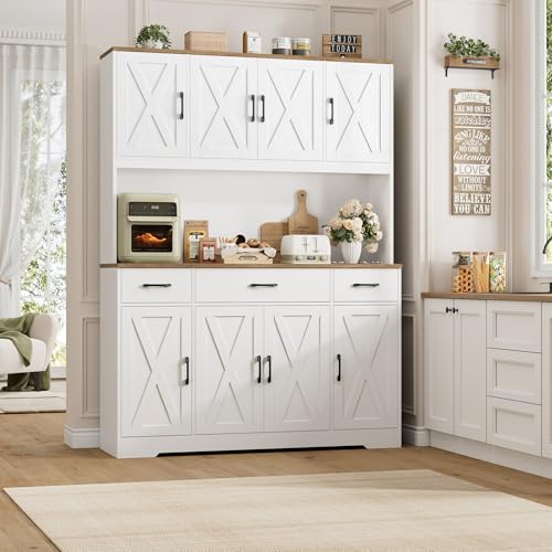 HOSTACK 71" Tall Kitchen Pantry Storage Cabinet with Charging Station, 55" Wide Kitchen Hutch Cabinet with Large Countertop, Farmhouse Food Pantry with Drawers for Living Room, White