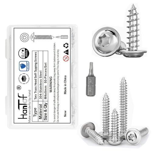 HanTof Torx Pan Head with Washer Self-Tapping Screws, M4x8 mm Star Drive Sheet Metal Screws, 304 Stainless Steel Wood Screws with Storage Box and 1 Pc T20 Drill Bit.(Pack of 50)