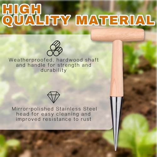 Stainless Steel Dibber for Planting Bulbs, Garden Dibber Tool with Wooden Handle, Bulb Planter Tool for Seedlings, Flowers & Vegetable Beds - Image 2