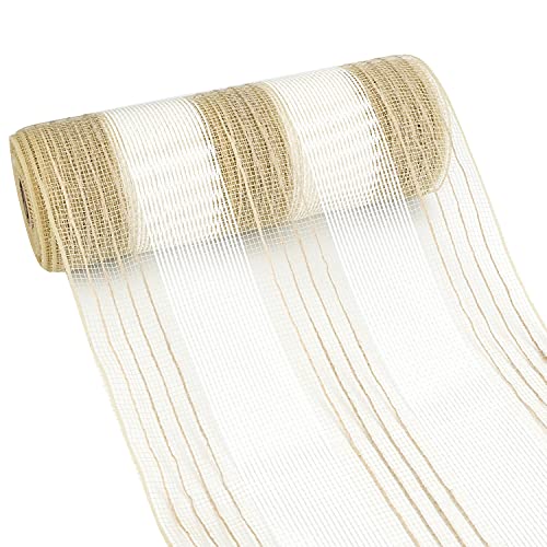 MEEDEE Poly Burlap Mesh Ribbon for Christmas Tree 10 Inches Deco Poly Mesh Ribbon Natural and White Mesh Rolls for Christmas Tree Ribbon Garland, Wreaths, Swags and Decorating - 30 Feet (10 Yards)