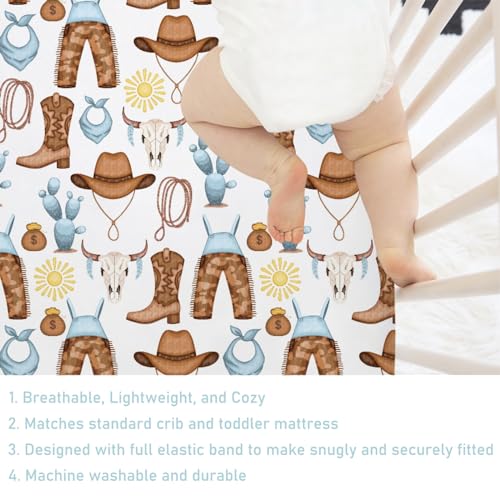 Image of Blue Western Cowgirl Cowboy Fitted Baby Crib Sheet for Boy Girl 52 inchx28 inch Desert Cowboy Hat Boot Sun Cactus Soft Breathable Baby Crib Mattress Bed Sheet Fits Standard Crib and Toddler Mattress