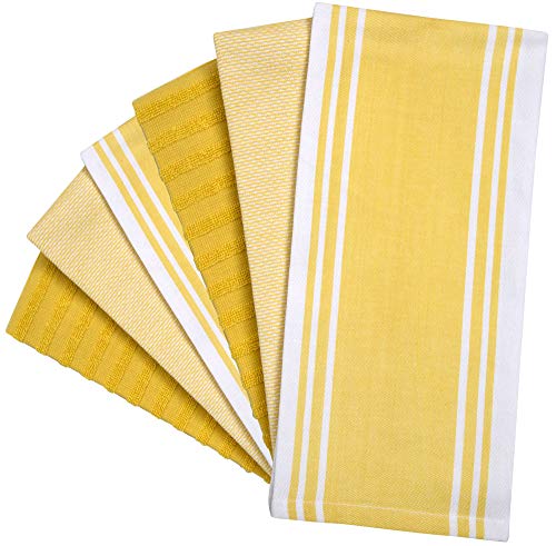 Image of Premium Kitchen Towels (20 inchx 28 inch, 6 Pack) | Large Cotton Dish Towels | Flat & Terry Highly Absorbent Kitchen Linen Set with Hanging Loop | Wide Stripe Yellow