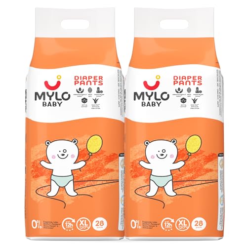 Image of Mylo Baby Diaper Pants Extra Large (XL) Size 12-17 kgs (56 count) Leak Proof | Lightweight | Upto 12 Hours Protection | ADL Technology | with Aloe Vera Lotion (28 Count, Pack of 2)