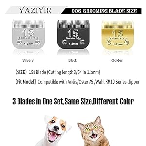   3-color-15-Detachable-Pet-Dog-Grooming-Ceramic-BladesCompatible-with-AndisOster-A5Wahl-KM-10-SeriesSize-15-Blade-364-Inch-12MM-Cut-LengthSilverBlackGolden