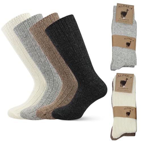 Leedya Lot de 4 paires de chaussettes d'hiver unisexes en laine d'alpaga, fabriquées en Italie, lot de 4 chaussettes chaudes pour homme et femme en mélange doux Alpaka - lavables en machine, 4