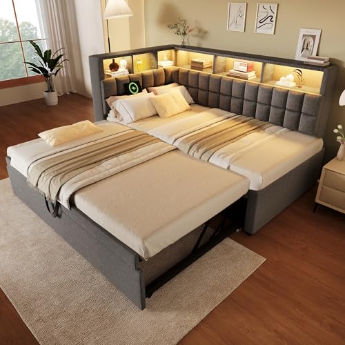 Leinenstoff Polsterbett 90x200 mit Ausziehbett 90x190, Klappbett mit Stauraum, LED, Bluetooth-Lautsprecher, USB- und Type-C-Ladeanschlüsse, L-förmige Kopfleiste, Tagesbett, ohne Matratze, Grau
